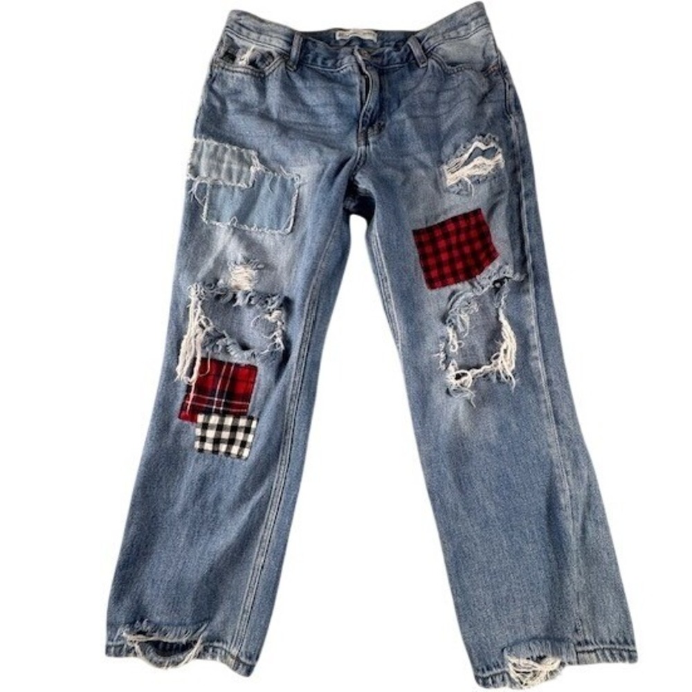 KanCan Jeans Women 29 Maurices Distressed Plaid Patchwork Straight Leg 211021